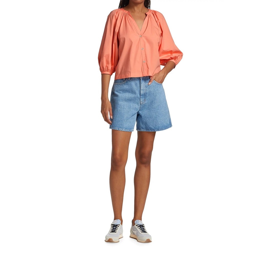 Staud Dill Poplin Top Coral Peach Cotton Puff Sleeve Button Up Blouse Size M